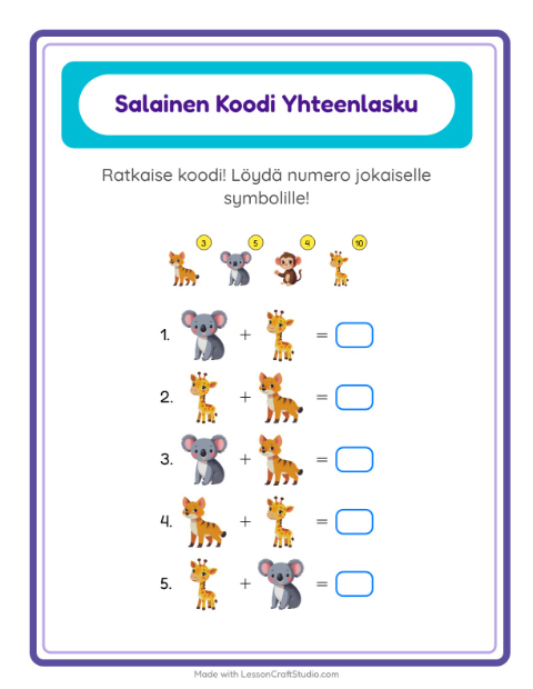 Esikatselu: Koodattu Yhteenlasku-tehtäväarkki, aiheena Eläintarhan eläimet, Esiopetus
