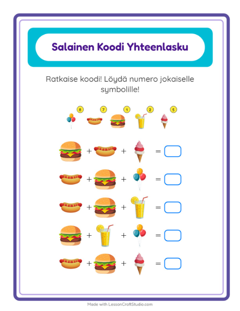 Esikatselu: Koodattu Yhteenlasku-tehtäväarkki, aiheena Heinäkuun 4., Esiopetus