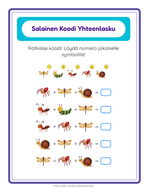 Esikatselu: Koodattu Yhteenlasku-tehtäväarkki, aiheena Hyönteiset ja ötökät, Esiopetus