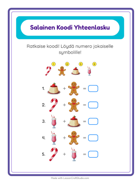 Esikatselu: Koodattu yhteenlasku: Jälkiruoat ja makeiset – 1. luokan oppilaille