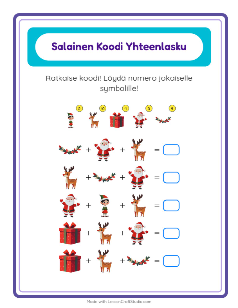 Koodattu yhteenlasku: Joulu – 2. luokan oppilaille — 2