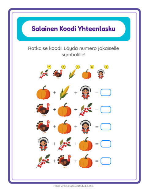 Esikatselu: Koodattu Yhteenlasku-tehtäväarkki, aiheena Kiitospäivä, Esiopetus
