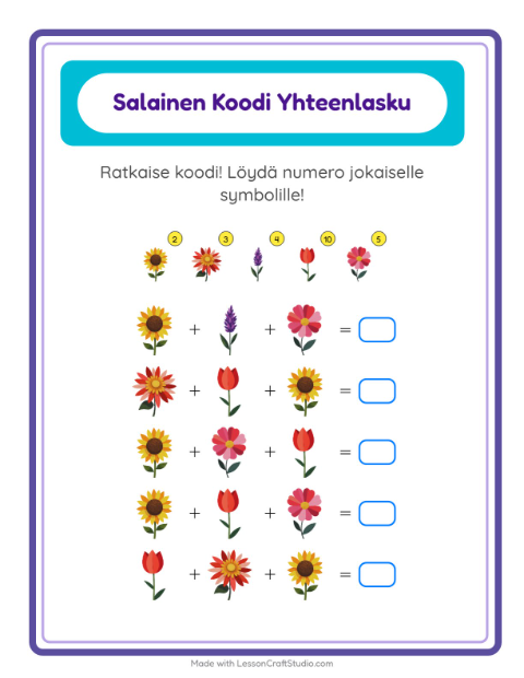 Koodattu yhteenlasku: Kukat – 1. luokan oppilaille — 2