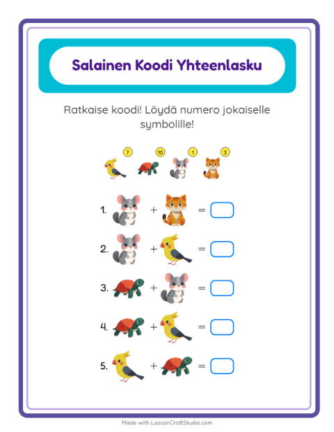 Esikatselu: Koodattu Yhteenlasku-tehtäväarkki, aiheena Lemmikit, Esiopetus