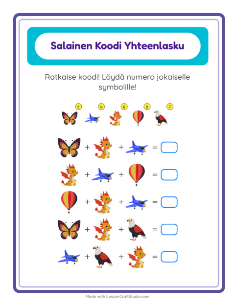 Koodattu yhteenlasku: Lentävät asiat – 1. luokan oppilaille — 2