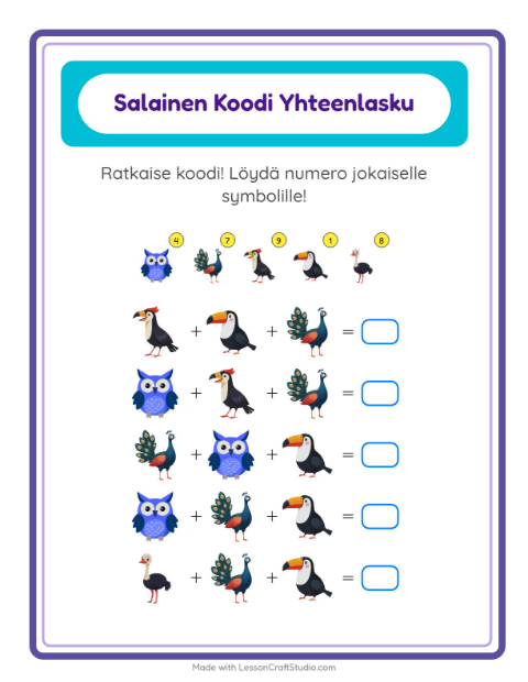 Koodattu yhteenlasku: Linnut – 1. luokan oppilaille — 2