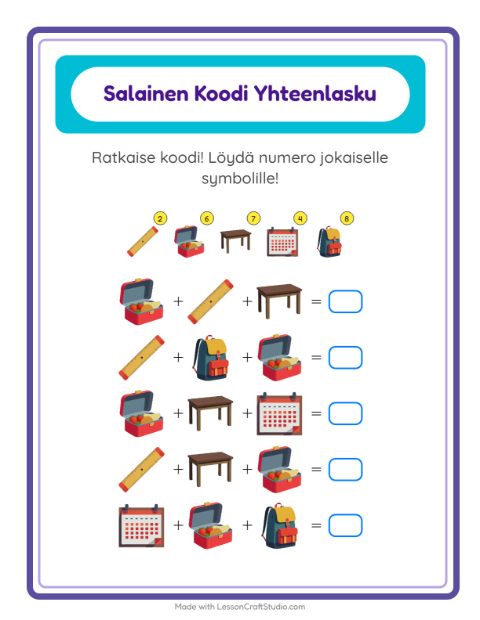 Koodattu yhteenlasku: Luokkahuone – 1. luokan oppilaille — 2