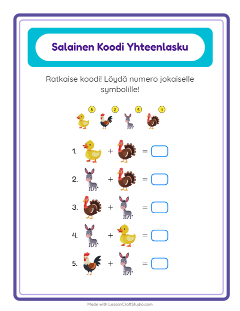Koodattu yhteenlasku – Maatilan eläimet