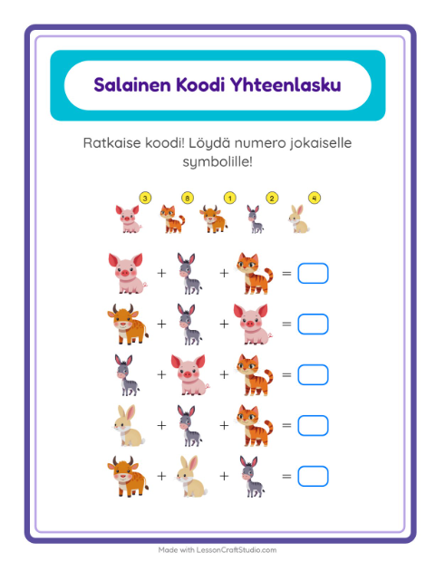 Esikatselu: Koodattu Yhteenlasku-tehtäväarkki, aiheena Maatilan eläimet, Esiopetus