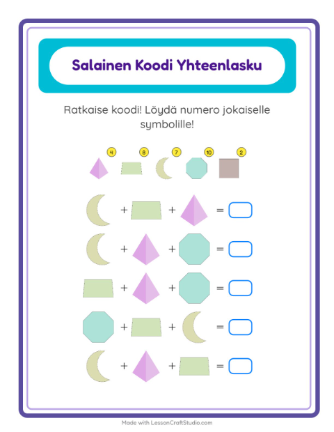 Koodattu yhteenlasku: Muodot – 2. luokan oppilaille — 2