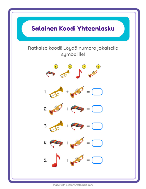 Esikatselu: Koodattu Yhteenlasku-tehtäväarkki, aiheena Musiikki, Esiopetus