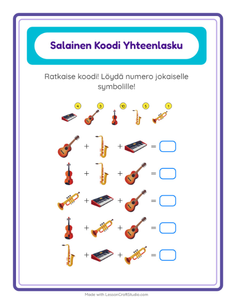 Esikatselu: Koodattu Yhteenlasku-tehtäväarkki, aiheena Musiikki, Esiopetus