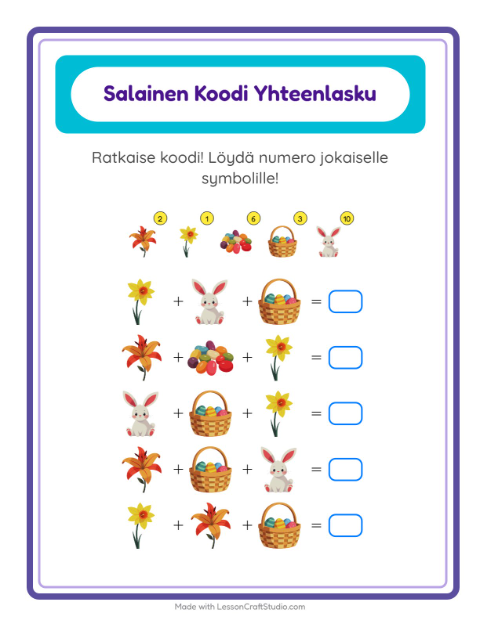Koodattu yhteenlasku: Pääsiäinen – 1. luokan oppilaille — 2