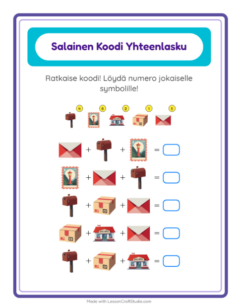 Koodattu yhteenlasku: Postitoimisto – 1. luokan oppilaille — 2