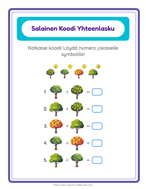 Esikatselu: Koodattu Yhteenlasku-tehtäväarkki, aiheena Puut, Esiopetus