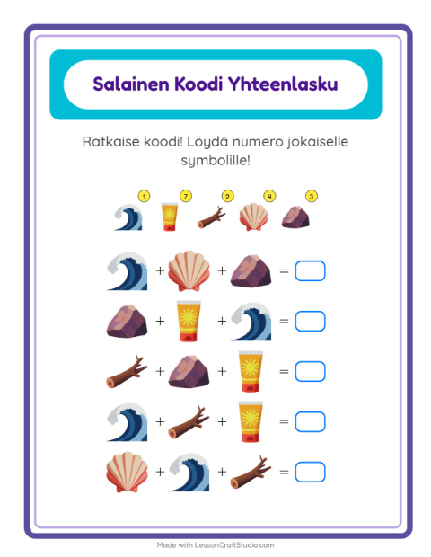 Koodattu yhteenlasku: Ranta – 1. luokan oppilaille — 2