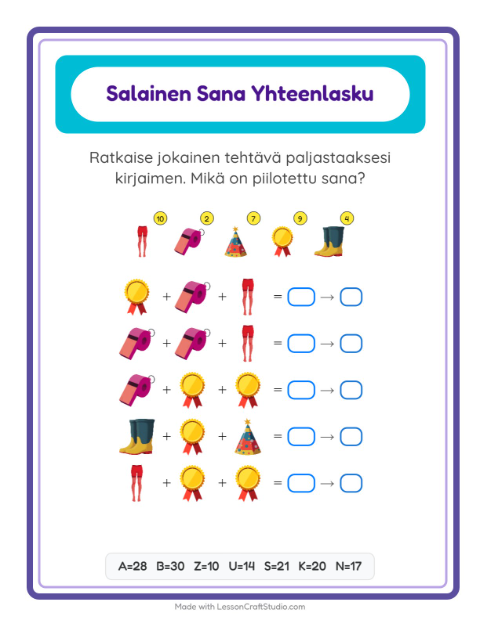 Esikatselu: Koodattu yhteenlasku ja salasana: Asusteet – 2. luokan oppilaille