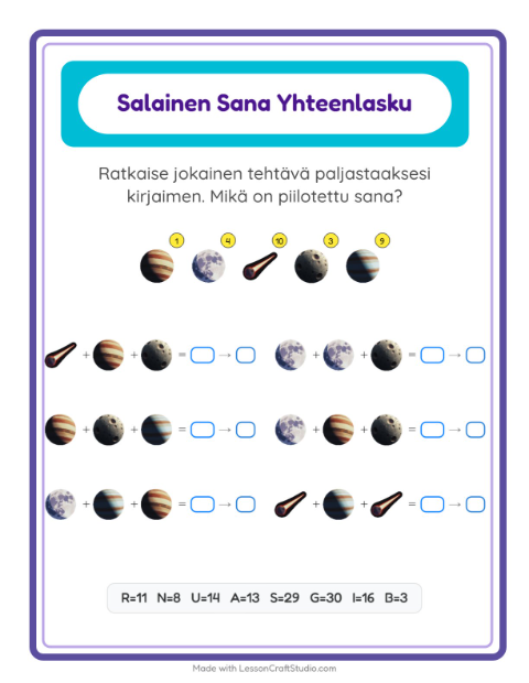 Esikatselu: Koodattu Yhteenlasku-tehtäväarkki, aiheena Avaruus, Esiopetus