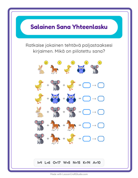 Esikatselu: Koodattu yhteenlasku ja salasana: Eläimet – 1. luokan oppilaille