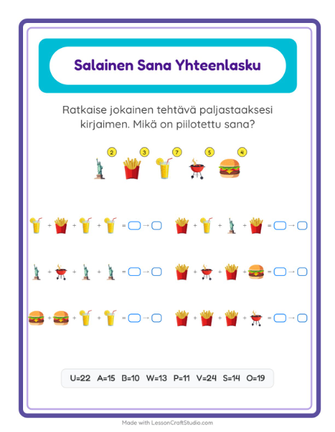 Esikatselu: Koodattu Yhteenlasku-tehtäväarkki, aiheena Heinäkuun 4., Esiopetus