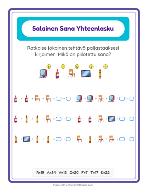 Esikatselu: Koodattu Yhteenlasku-tehtäväarkki, aiheena Luokkahuone, Esiopetus