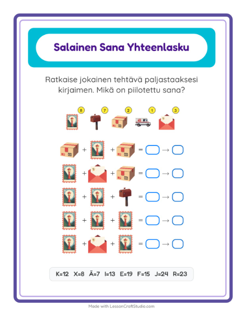 Esikatselu: Koodattu Yhteenlasku-tehtäväarkki, aiheena Postitoimisto, Esiopetus