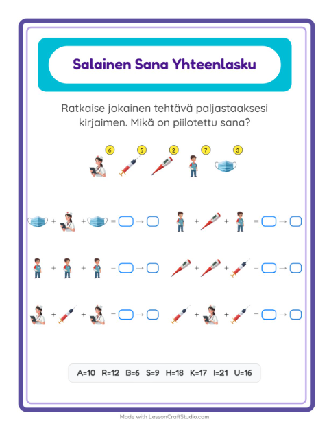 Esikatselu: Koodattu Yhteenlasku-tehtäväarkki, aiheena Sairaala, Esiopetus