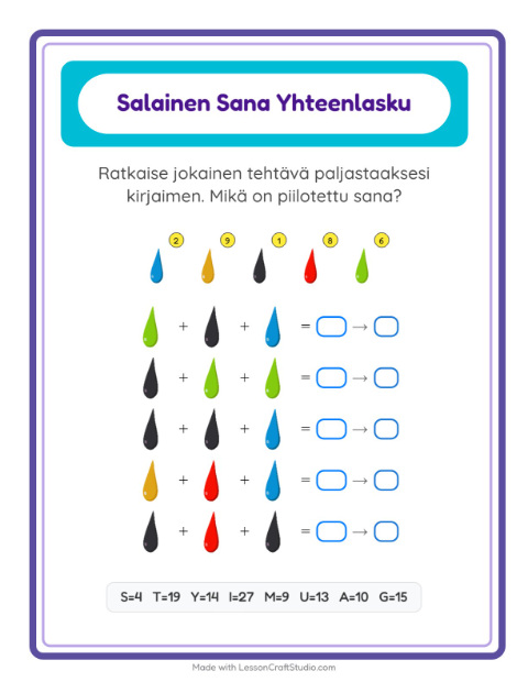 Esikatselu: Koodattu Yhteenlasku-tehtäväarkki, aiheena Värit, Esiopetus