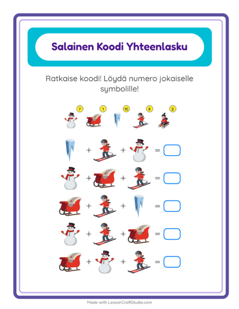 Koodattu yhteenlasku: Talvi – 2. luokan oppilaille — 2