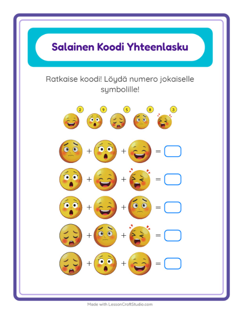 Koodattu yhteenlasku: Tunteet – 1. luokan oppilaille — 2
