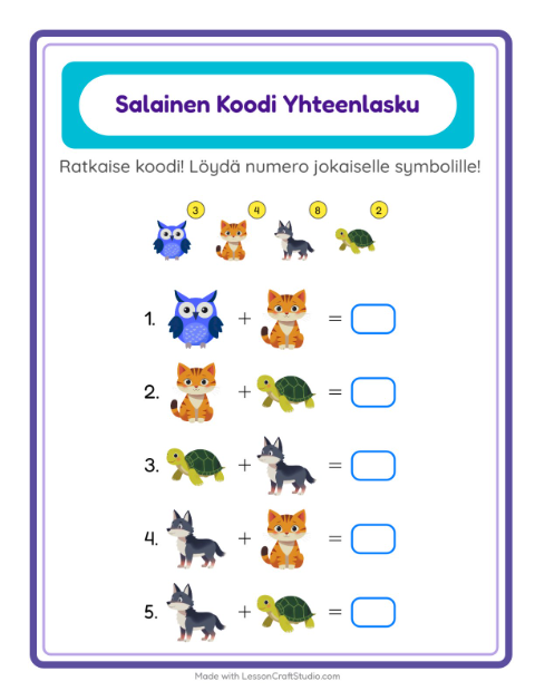 Esikatselu: Koodattu Yhteenlasku-tehtäväarkki, Esiopetus