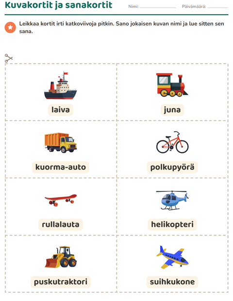 Esikatselu: Kuvakortit-tehtäväarkki, aiheena Ajoneuvot, Esiopetus