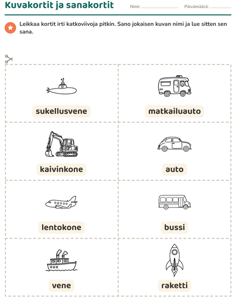 Esikatselu: Kuvakortit-tehtäväarkki, aiheena Ajoneuvot MV 2, Esiopetus