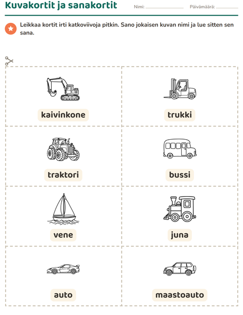 Esikatselu: Kuvakortit-tehtäväarkki, aiheena Ajoneuvot MV, Esiopetus