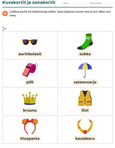 Esikatselu: Kuvakortit-tehtäväarkki, aiheena Asusteet, Esiopetus