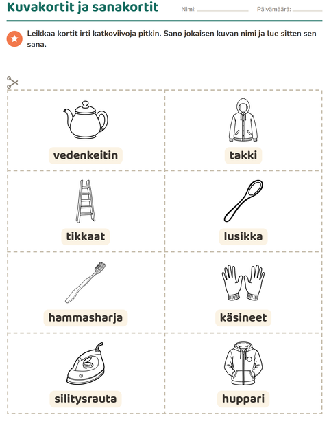 Esikatselu: Kuvakortit-tehtäväarkki, aiheena Esineet MV, Esiopetus