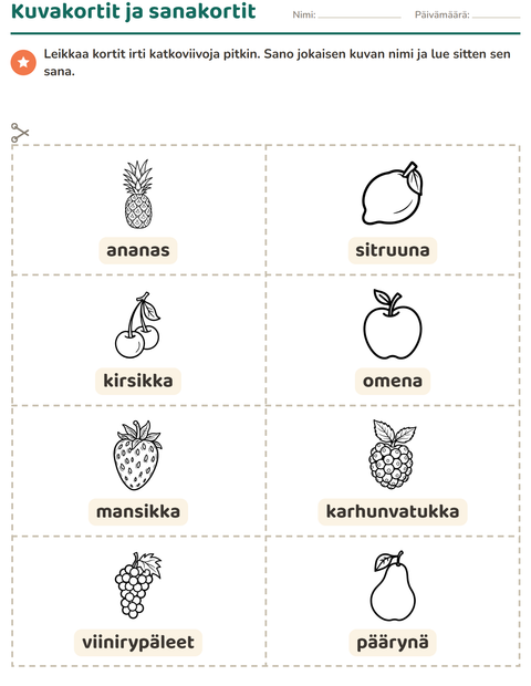 Esikatselu: Kuvakortit-tehtäväarkki, aiheena Hedelmät MV, Esiopetus