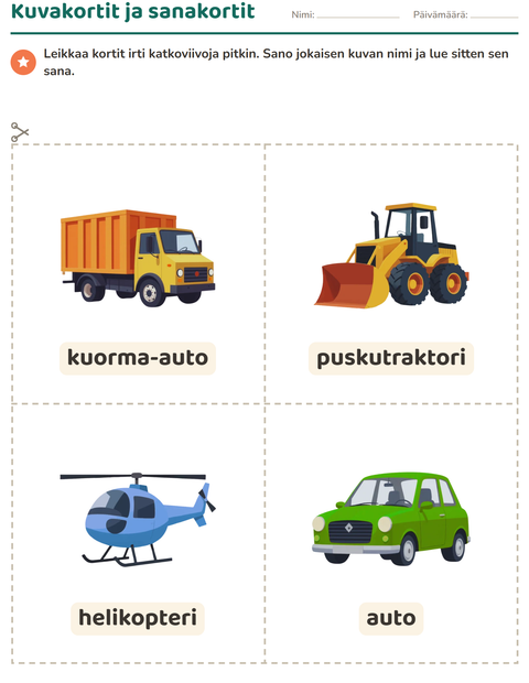 Esikatselu: Kuvakortit-tehtäväarkki, aiheena Ajoneuvot, Esiopetus