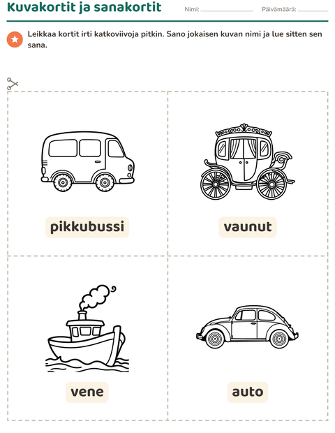Esikatselu: Kuvakortit-tehtäväarkki, aiheena Ajoneuvot MV 3, Esiopetus