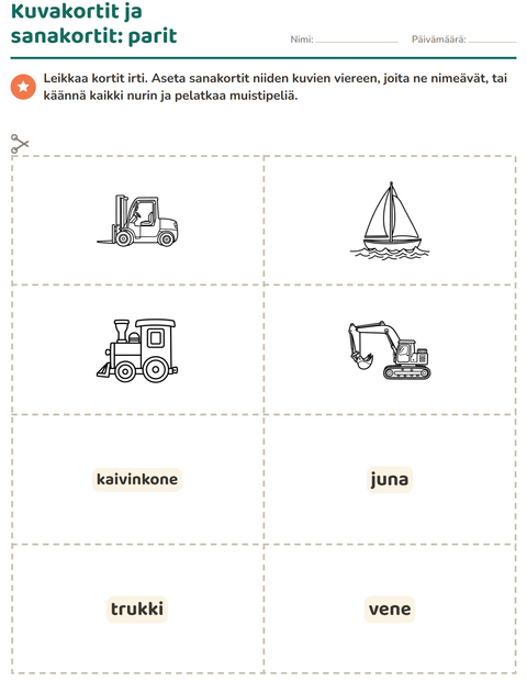Esikatselu: Kuvakortit-tehtäväarkki, aiheena Ajoneuvot MV, Esiopetus