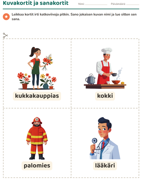Esikatselu: Kuvakortit-tehtäväarkki, aiheena Ammatit, Esiopetus