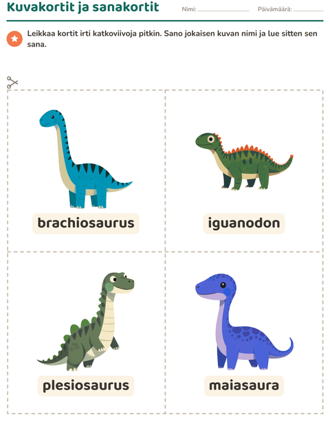 Esikatselu: Kuvakortit-tehtäväarkki, aiheena Dinosaurukset, Esiopetus