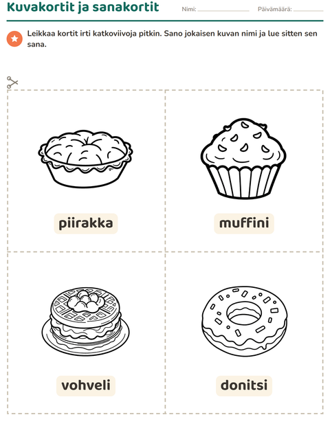 Esikatselu: Kuvakortit-tehtäväarkki, aiheena Jälkiruoka (M/V), Esiopetus