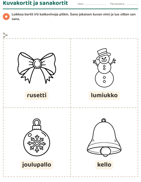 Esikatselu: Kuvakortit-tehtäväarkki, aiheena Joulu M/V, Esiopetus