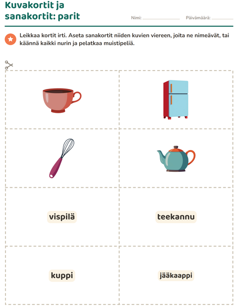 Esikatselu: Kuvakortit-tehtäväarkki, aiheena Keittiövälineet, Esiopetus