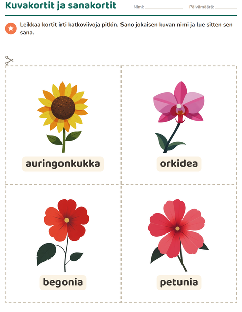 Esikatselu: Kuvakortit-tehtäväarkki, aiheena Kukat, Esiopetus