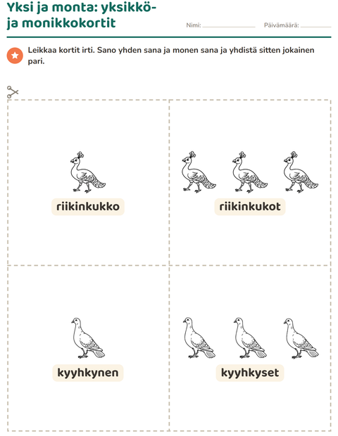 Esikatselu: Kuvakortit-tehtäväarkki, aiheena Linnut M&V, Esiopetus