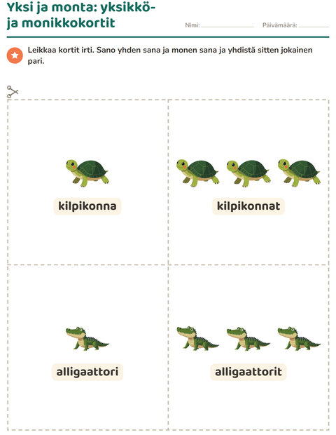 Esikatselu: Kuvakortit-tehtäväarkki, aiheena Matelijat ja sammakkoeläimet, Esiopetus