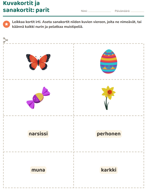 Esikatselu: Kuvakortit-tehtäväarkki, aiheena Pääsiäinen, Esiopetus