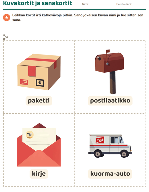 Esikatselu: Kuvakortit-tehtäväarkki, aiheena Postitoimisto, Esiopetus